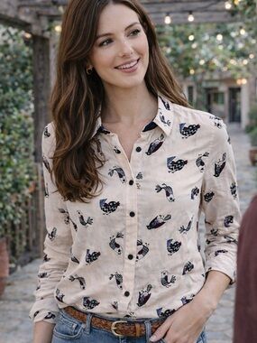 Bird Print Button-Down Shirt in Cream and Navy Size Medium